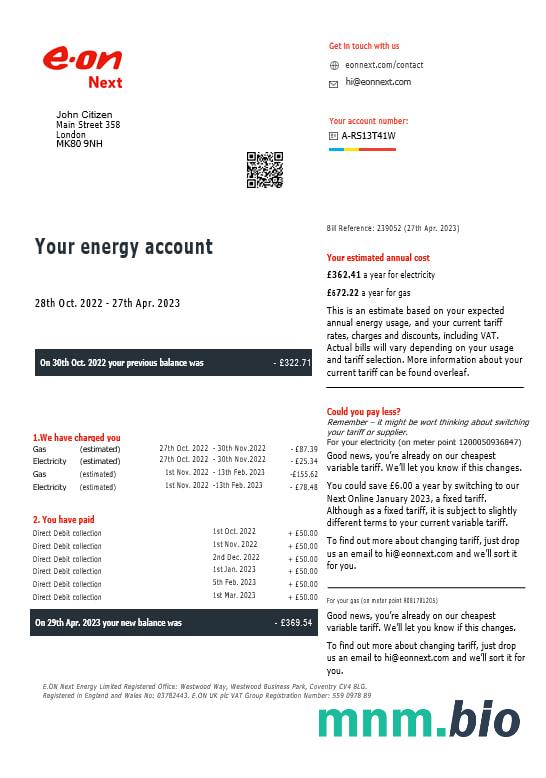 Brytyjski rachunek za gaz i energię elektryczną Eon w formatach Word i PDF, Wersja 7